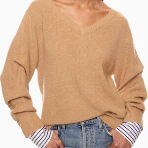 Derek Lam Tan V-Neck Sweater with Striped Cuffs Size L